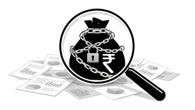 Minimal editorial illustration of a magnifying glass highlighting a chained rupee money bag symbolizing GST crackdown on massive tax fraud.