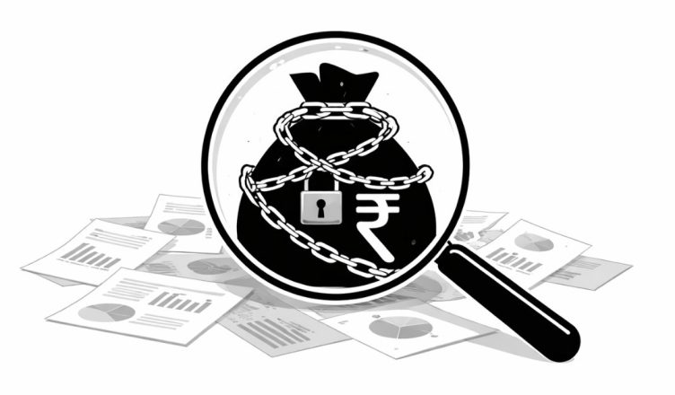 Minimal editorial illustration of a magnifying glass highlighting a chained rupee money bag symbolizing GST crackdown on massive tax fraud.