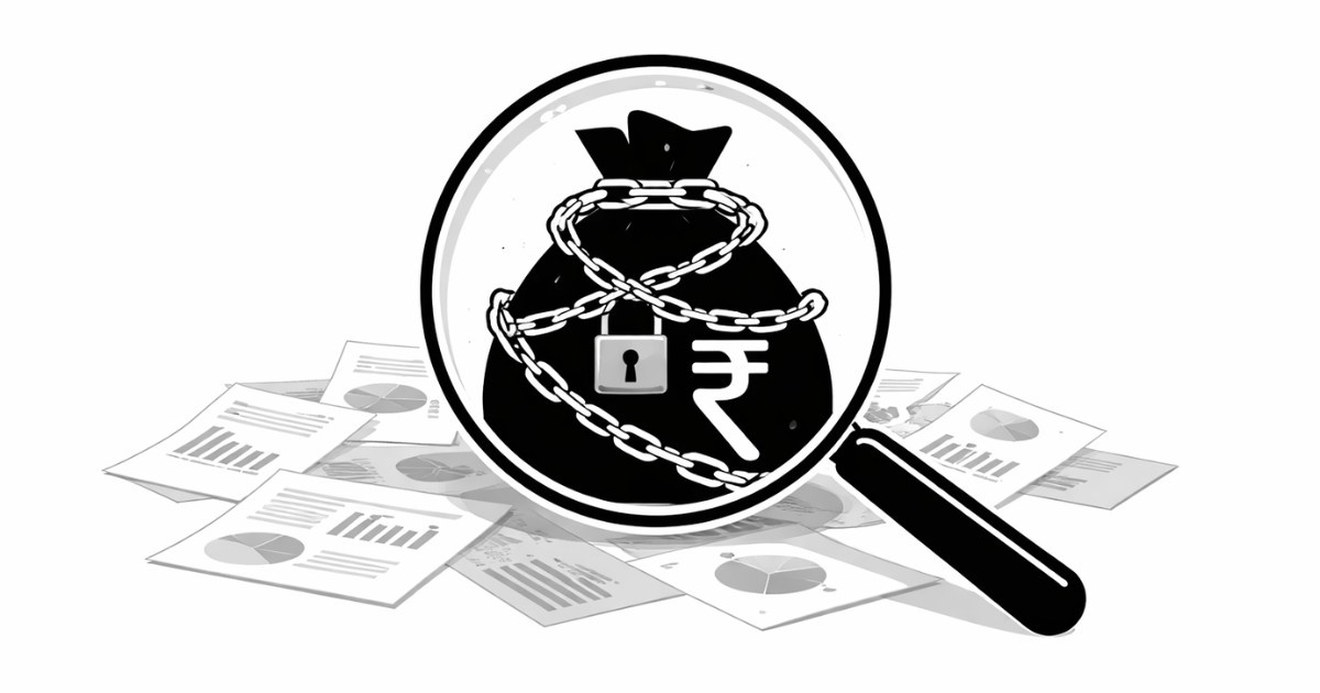 Minimal editorial illustration of a magnifying glass highlighting a chained rupee money bag symbolizing GST crackdown on massive tax fraud.