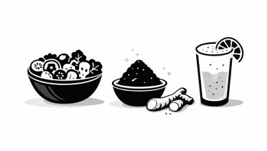 Minimal editorial illustration of healthy Holi dishes including a salad bowl, herbal mix, and refreshing drink symbolizing nutritious festive recipes.