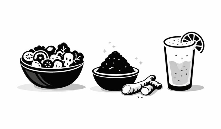 Minimal editorial illustration of healthy Holi dishes including a salad bowl, herbal mix, and refreshing drink symbolizing nutritious festive recipes.