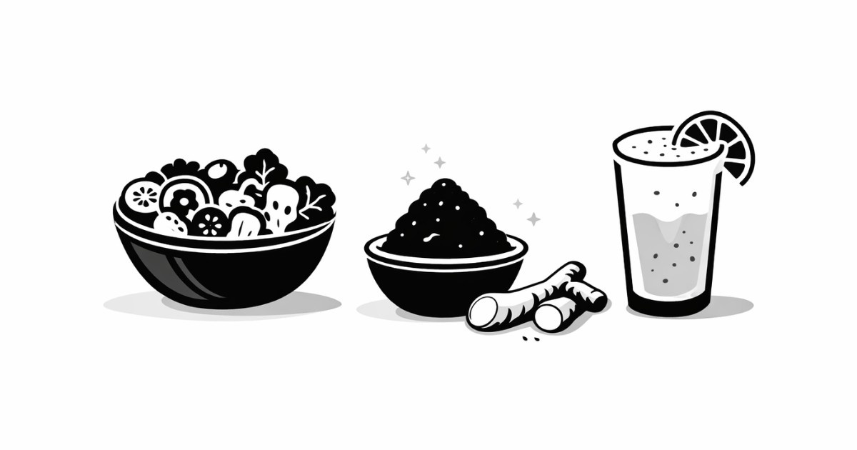 Minimal editorial illustration of healthy Holi dishes including a salad bowl, herbal mix, and refreshing drink symbolizing nutritious festive recipes.