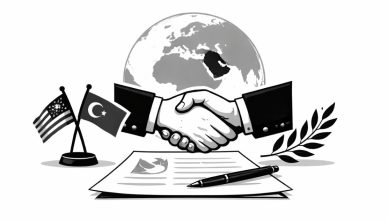 Minimal editorial illustration of a diplomatic handshake in front of a globe highlighting the Middle East, symbolizing efforts to ease regional tensions.