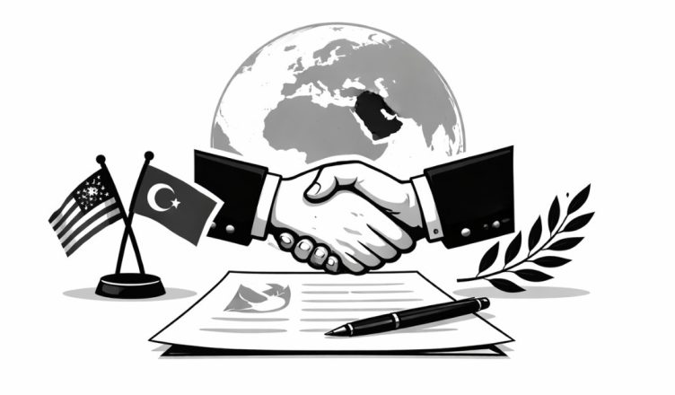 Minimal editorial illustration of a diplomatic handshake in front of a globe highlighting the Middle East, symbolizing efforts to ease regional tensions.