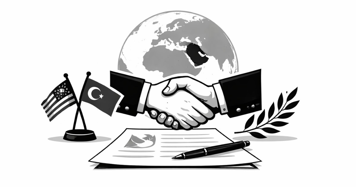 Minimal editorial illustration of a diplomatic handshake in front of a globe highlighting the Middle East, symbolizing efforts to ease regional tensions.