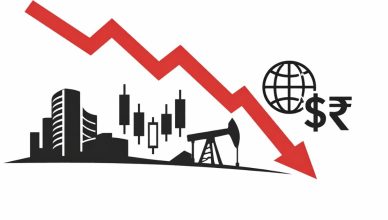 Minimal editorial illustration of a sharp red downward arrow over stock market candlesticks and global financial symbols representing Sensex and Nifty under global pressure.