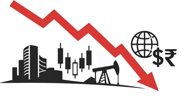 Minimal editorial illustration of a sharp red downward arrow over stock market candlesticks and global financial symbols representing Sensex and Nifty under global pressure.