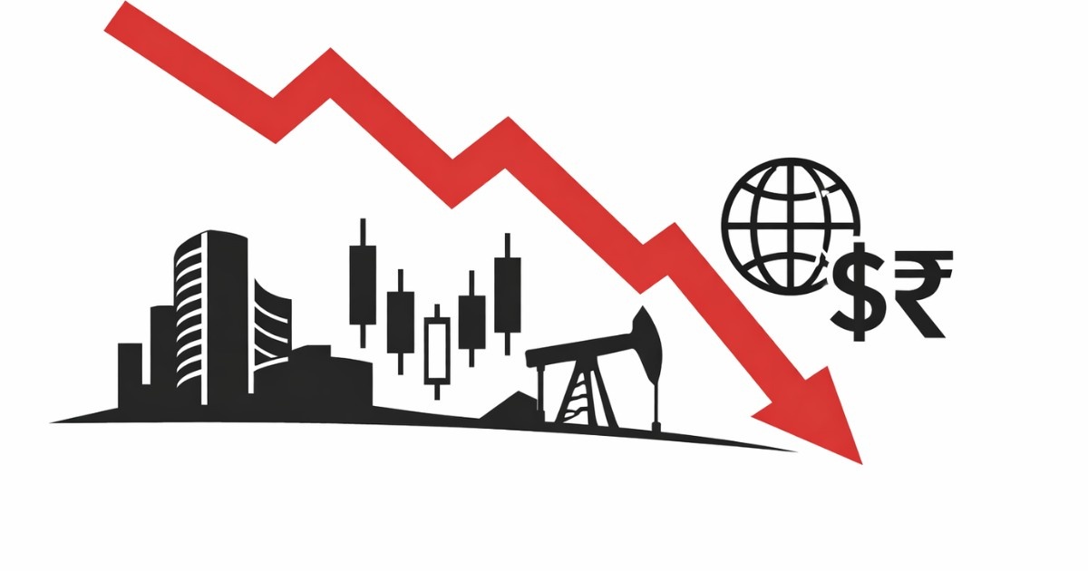 Minimal editorial illustration of a sharp red downward arrow over stock market candlesticks and global financial symbols representing Sensex and Nifty under global pressure.