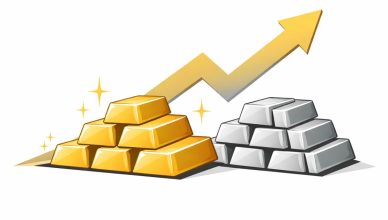 Minimal editorial illustration of stacked gold and silver bars with an upward arrow symbolizing surge in gold and silver rates due to safe-haven demand.
