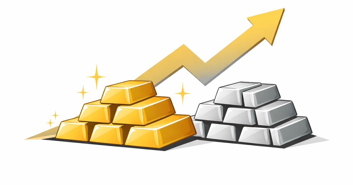 Minimal editorial illustration of stacked gold and silver bars with an upward arrow symbolizing surge in gold and silver rates due to safe-haven demand.