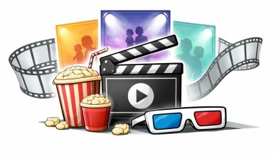 Minimal editorial illustration of a box office film clapperboard with popcorn and cinema elements symbolizing big Hindi and regional movie releases this week.