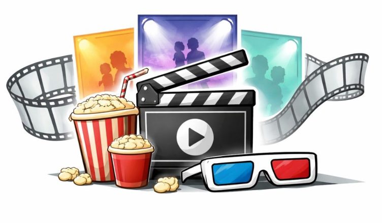 Minimal editorial illustration of a box office film clapperboard with popcorn and cinema elements symbolizing big Hindi and regional movie releases this week.