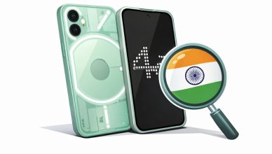 Minimal editorial illustration of a smartphone with a magnifying glass highlighting India, symbolizing Nothing Phone 4a new colour launch and rising search interest.