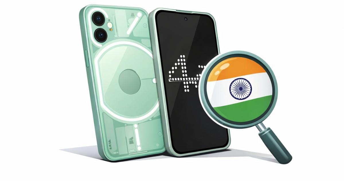 Minimal editorial illustration of a smartphone with a magnifying glass highlighting India, symbolizing Nothing Phone 4a new colour launch and rising search interest.