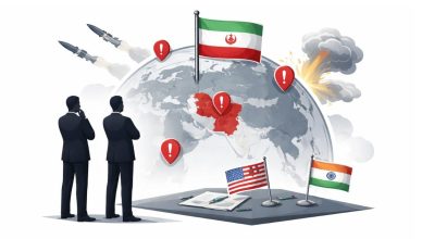 Minimal editorial illustration of diplomatic handshake under Iran flag and global backdrop symbolizing rising geopolitical tensions and impact on India.