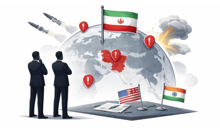 Minimal editorial illustration of diplomatic handshake under Iran flag and global backdrop symbolizing rising geopolitical tensions and impact on India.