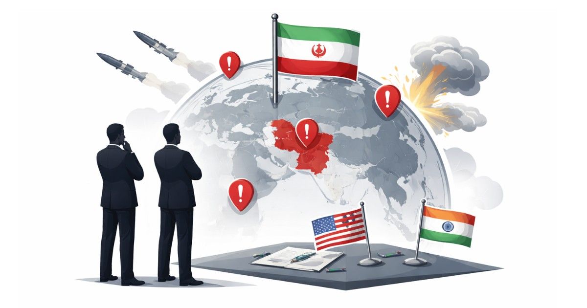 Minimal editorial illustration of diplomatic handshake under Iran flag and global backdrop symbolizing rising geopolitical tensions and impact on India.