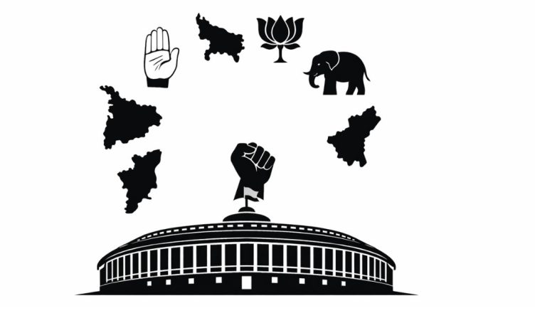 Minimal editorial illustration of India’s Parliament building symbolizing major political updates and state politics developments.