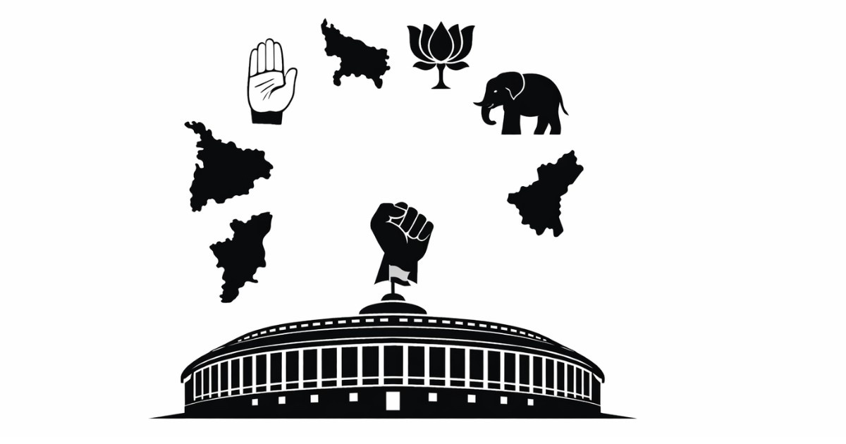 Minimal editorial illustration of India’s Parliament building symbolizing major political updates and state politics developments.