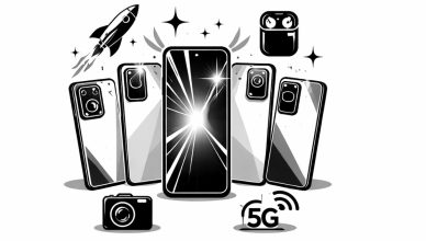 Minimal editorial illustration representing upcoming smartphones launching soon in India with modern mobile technology symbols.