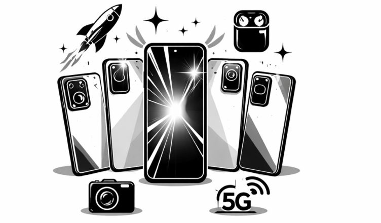 Minimal editorial illustration representing upcoming smartphones launching soon in India with modern mobile technology symbols.