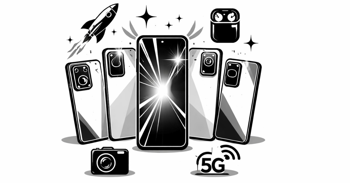 Minimal editorial illustration representing upcoming smartphones launching soon in India with modern mobile technology symbols.