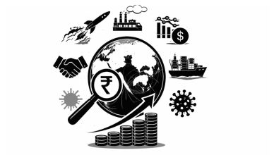 Minimal editorial illustration representing major global events that could influence India’s economy in 2026.