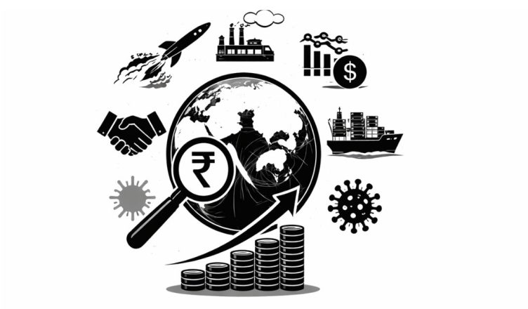 Minimal editorial illustration representing major global events that could influence India’s economy in 2026.