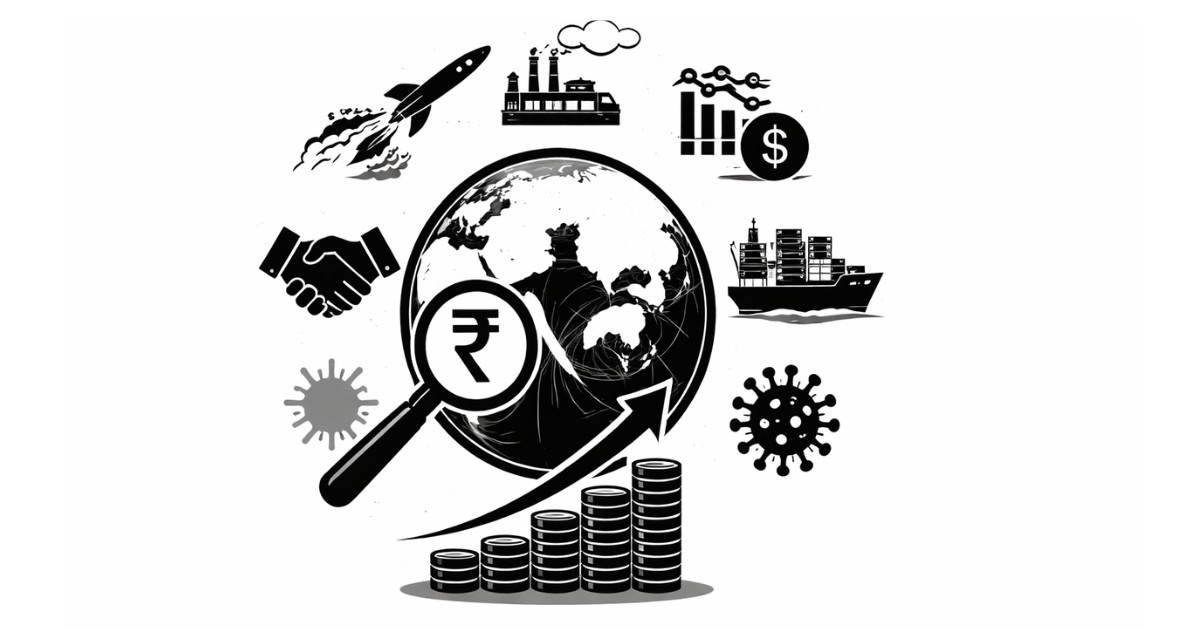 Minimal editorial illustration representing major global events that could influence India’s economy in 2026.
