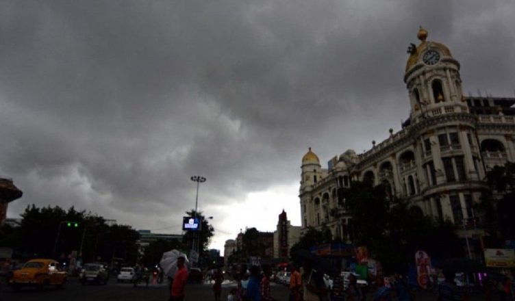 Dark thunderstorm clouds over Kolkata skyline with lightning and gusty winds as rain approaches, representing West Bengal weather update and Kalbaisakhi storm conditions