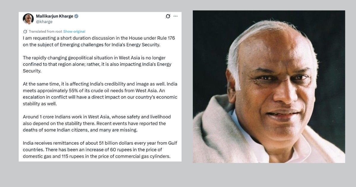 Congress leader Mallikarjun Kharge requesting a short-duration discussion in Parliament on emerging challenges to India’s energy security