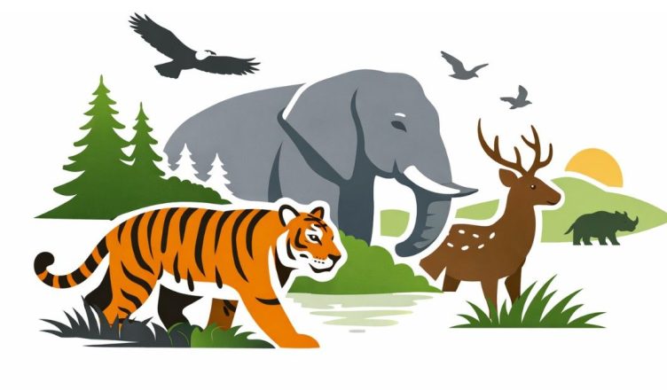 Minimal editorial illustration of a tiger, elephant and deer symbolizing wildlife conservation initiatives announced by Indian states for World Wildlife Day 2026