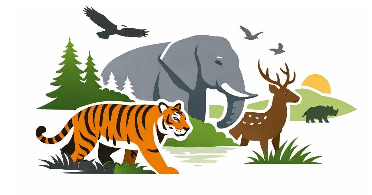 Minimal editorial illustration of a tiger, elephant and deer symbolizing wildlife conservation initiatives announced by Indian states for World Wildlife Day 2026