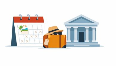 Minimal editorial illustration of a bank building beside a marked calendar symbolizing March 2026 bank holidays on a white background.