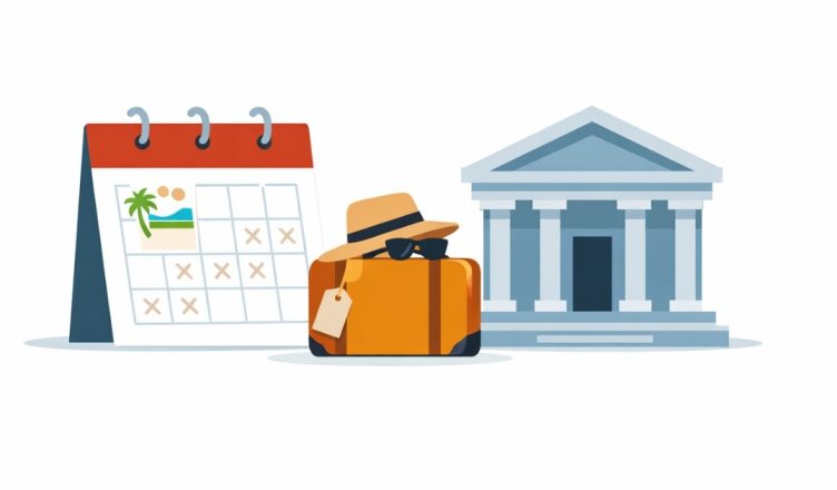 Minimal editorial illustration of a bank building beside a marked calendar symbolizing March 2026 bank holidays on a white background.