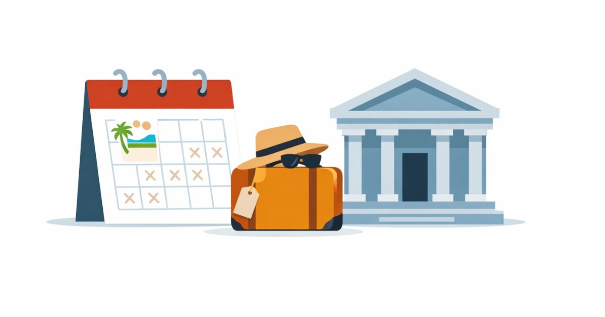 Minimal editorial illustration of a bank building beside a marked calendar symbolizing March 2026 bank holidays on a white background.