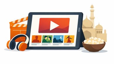 Minimal editorial illustration of a tablet displaying a streaming interface with play button, headphones, clapperboard and popcorn bowl on a white background representing OTT releases in March 2026.