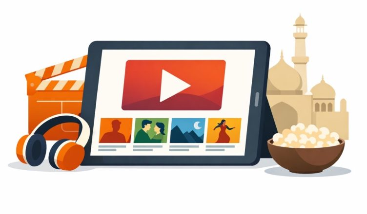 Minimal editorial illustration of a tablet displaying a streaming interface with play button, headphones, clapperboard and popcorn bowl on a white background representing OTT releases in March 2026.