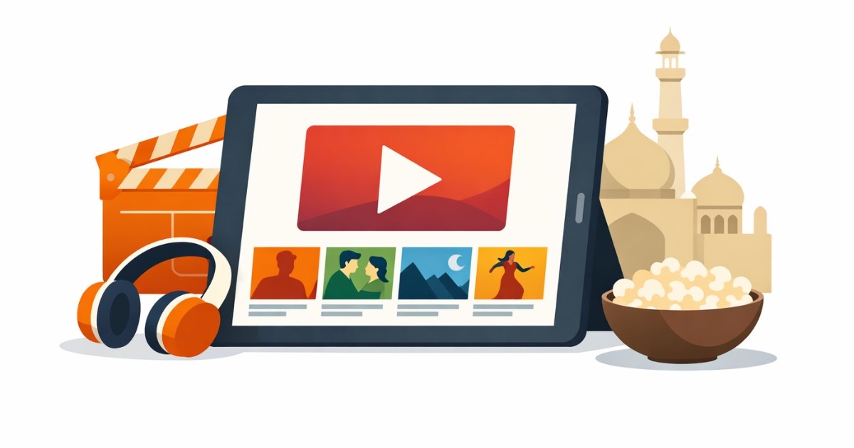 Minimal editorial illustration of a tablet displaying a streaming interface with play button, headphones, clapperboard and popcorn bowl on a white background representing OTT releases in March 2026.