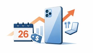 Minimal editorial illustration of a modern smartphone silhouette with subtle glow on a white background symbolizing upcoming smartphone launches in March 2026