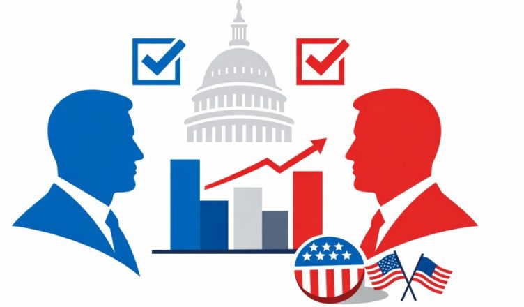 Minimal editorial illustration showing two opposing candidate silhouettes with poll charts and the US Capitol symbolizing the US Presidential Race 2026 and latest campaign developments.