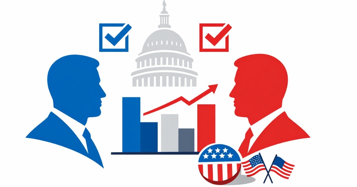 Minimal editorial illustration showing two opposing candidate silhouettes with poll charts and the US Capitol symbolizing the US Presidential Race 2026 and latest campaign developments.
