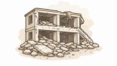 Editorial illustration of a partially collapsed residential building with rubble, representing the fatal building slab collapse incident in Navi Mumbai.