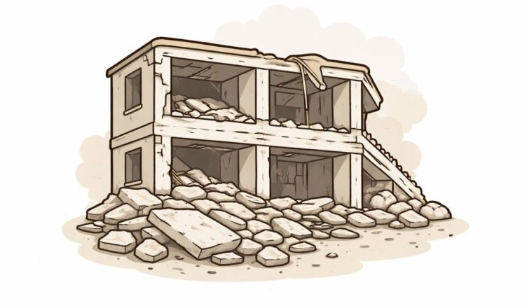 Editorial illustration of a partially collapsed residential building with rubble, representing the fatal building slab collapse incident in Navi Mumbai.