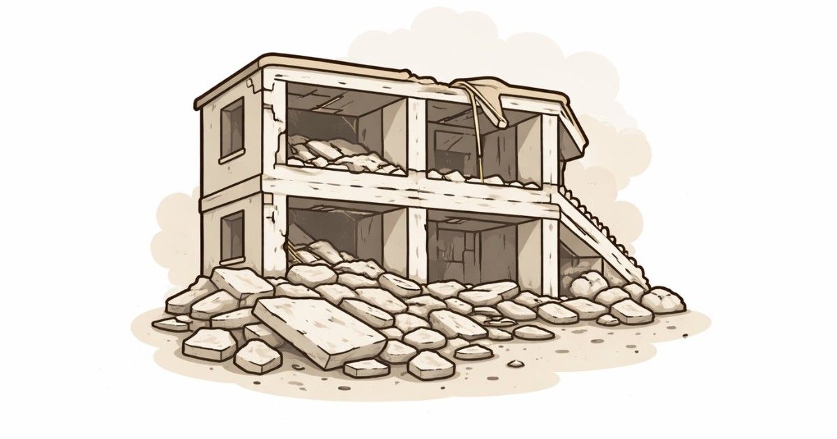 Editorial illustration of a partially collapsed residential building with rubble, representing the fatal building slab collapse incident in Navi Mumbai.