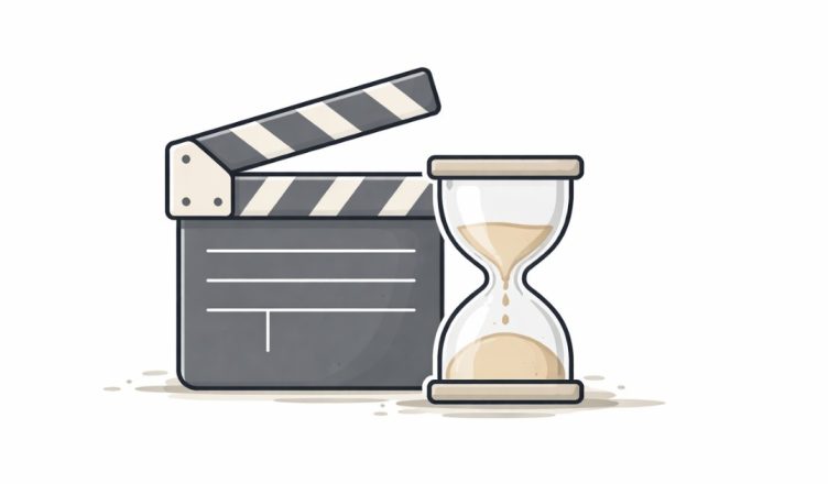 Minimal vector illustration of a film clapperboard and hourglass symbolizing a movie release delay and certification process