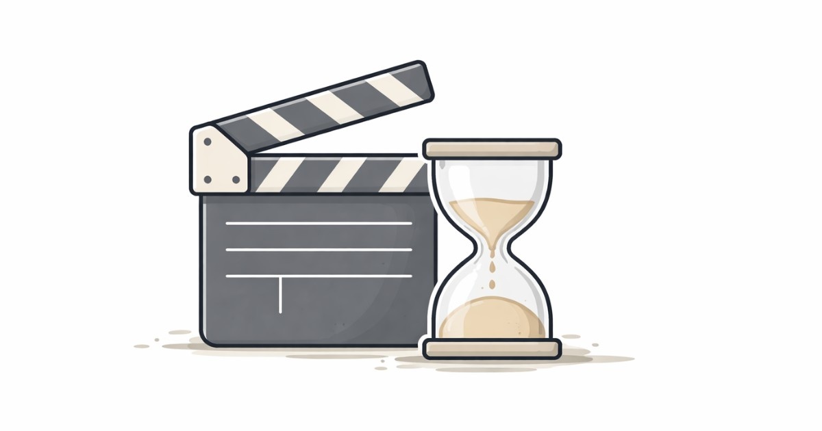 Minimal vector illustration of a film clapperboard and hourglass symbolizing a movie release delay and certification process