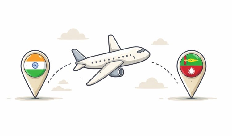 Minimal vector illustration of an airplane flying between India and Gulf region representing resumed international flights