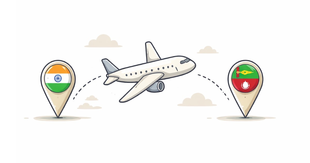 Minimal vector illustration of an airplane flying between India and Gulf region representing resumed international flights
