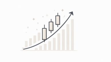 Minimal vector illustration of an upward stock market chart with candlestick bars representing Sensex and Nifty market gains
